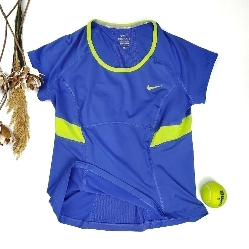 NIKE Tennis Dry Fit Top, Blue Neon Green Shirt  Lg